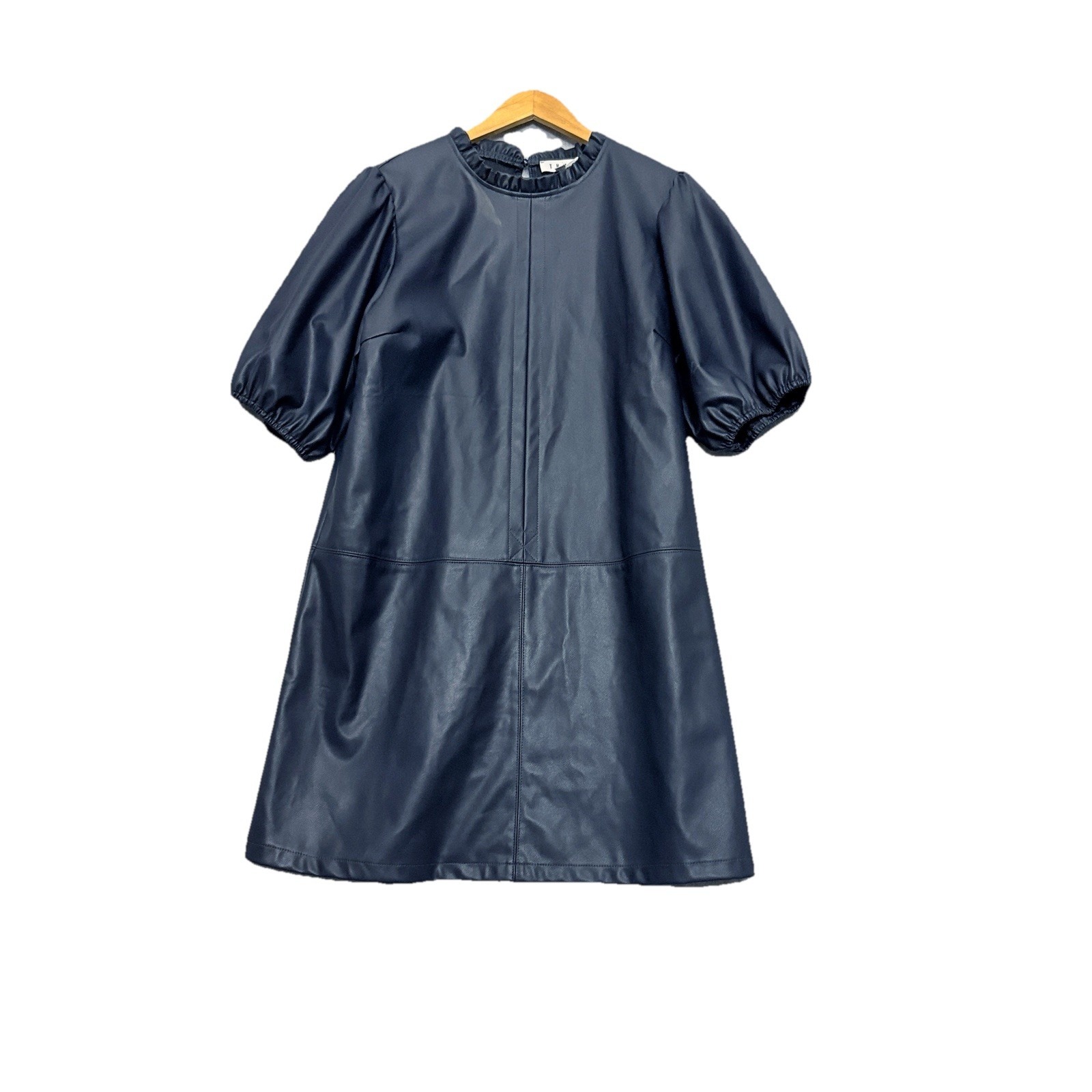 Thml Faux Leather Navy Shift Dress Size Xl Ruffle Neck Balloon Sleeve Grunge